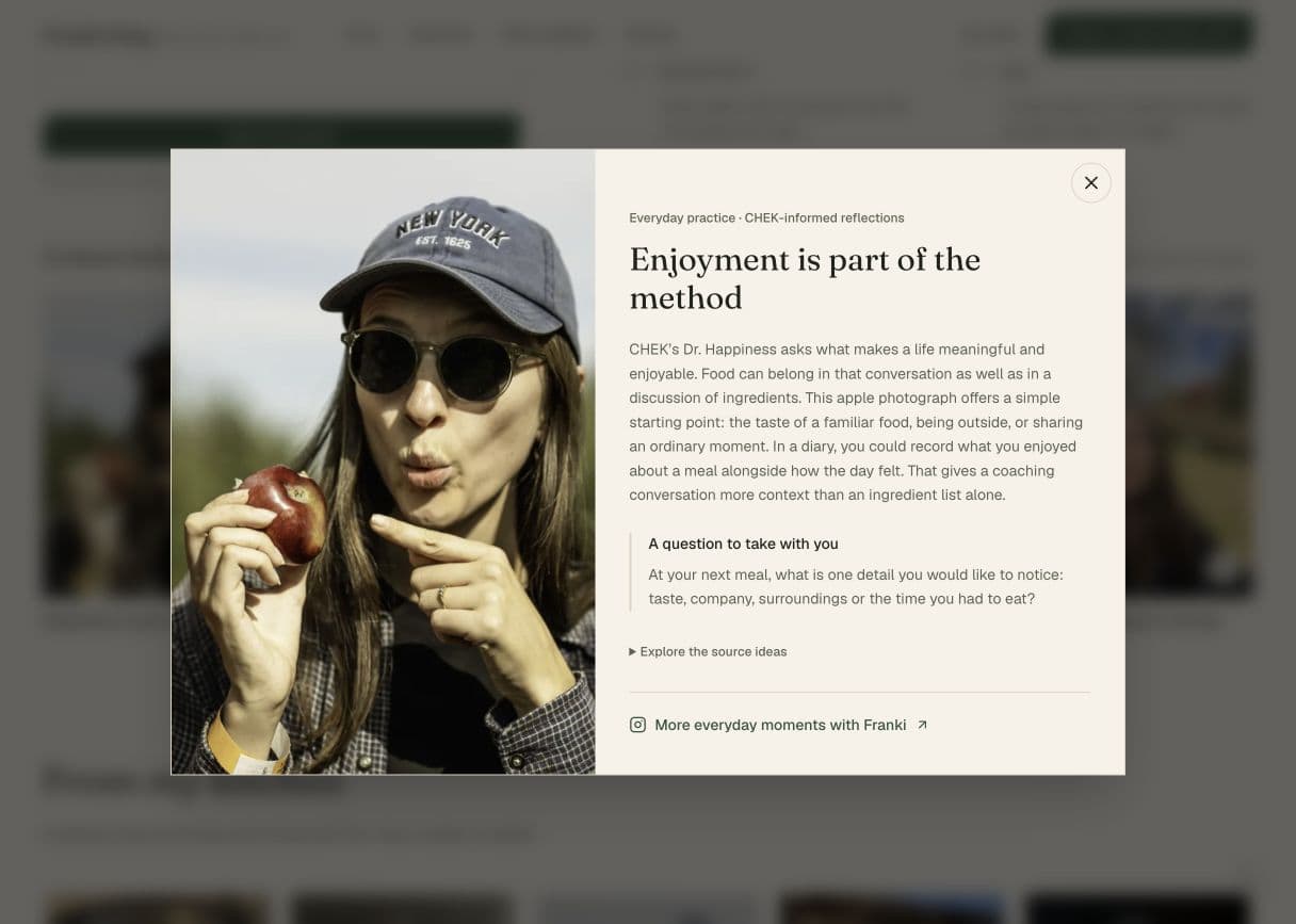 An open photo panel on Franki King's live site with a reflection question, source disclosure and close control