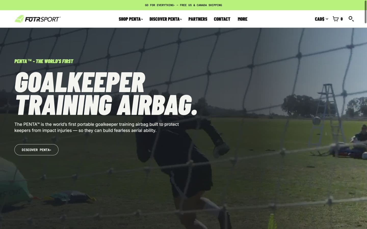 FUTRSPORT homepage: ‘Goalkeeper training airbag.’ over footage of a goalkeeper training with PENTA