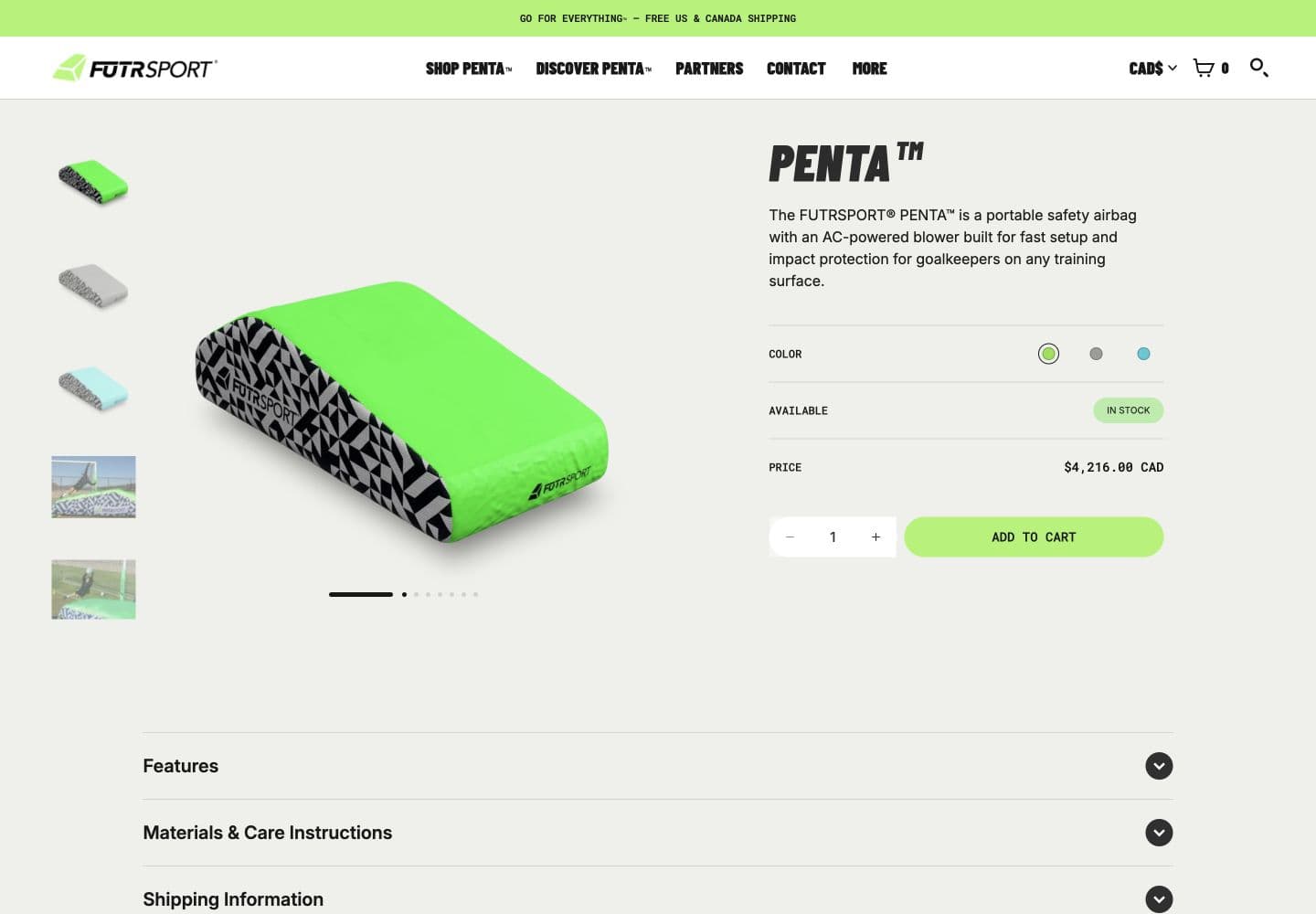 PENTA product page with a photo gallery, color choices, availability, price, quantity and Add to cart