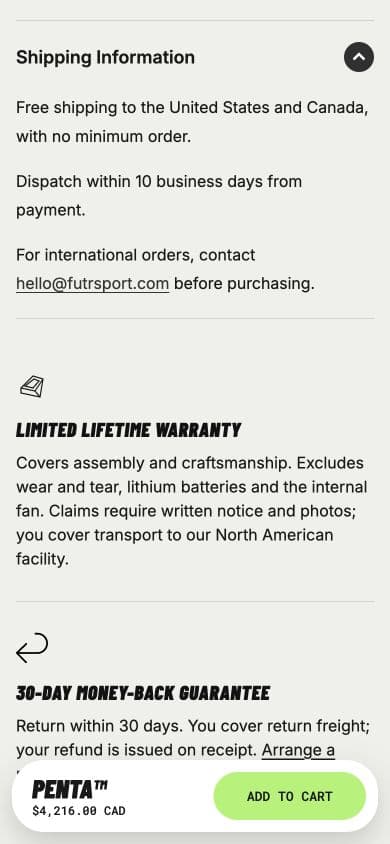 Shipping information, warranty and returns expanded on the phone product page, with the purchase bar below