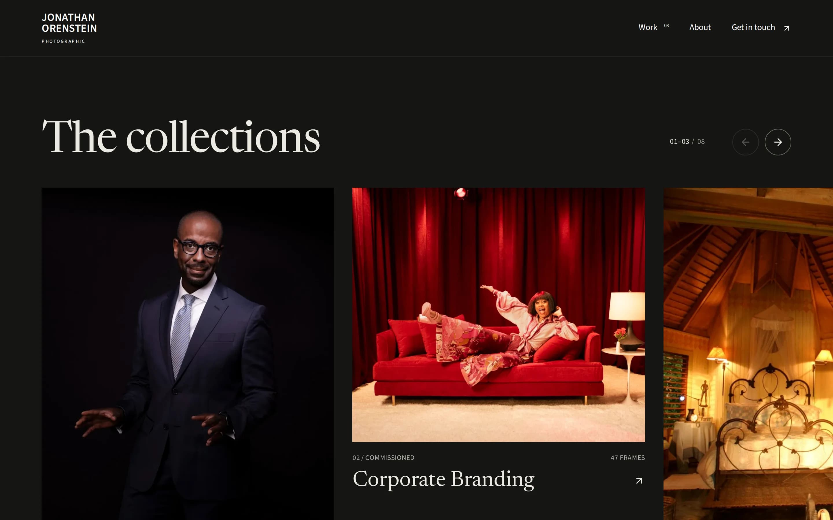 The collections section of Jonathan Orenstein’s site: a horizontal rail of collection covers, including Corporate Branding marked Commissioned with 47 frames, and controls showing collections 1 to 3 of 8