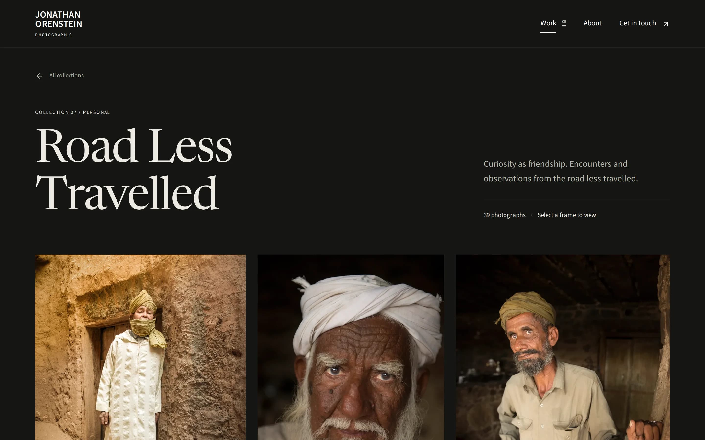Road Less Travelled collection page: the title, a one-line description, 39 photographs, and the first row of portraits at their own proportions