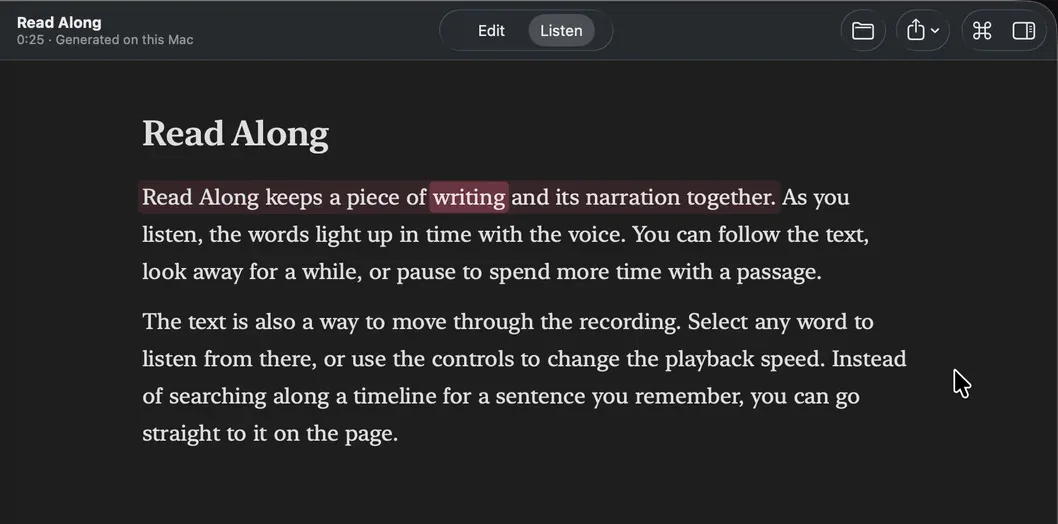 Read Along in Listen mode, highlighting the word being read in a short sample reading.