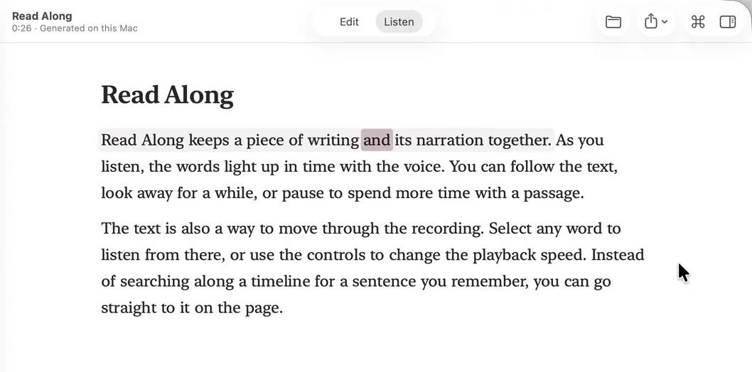 Read Along in Listen mode, highlighting the word being read in a short sample reading.