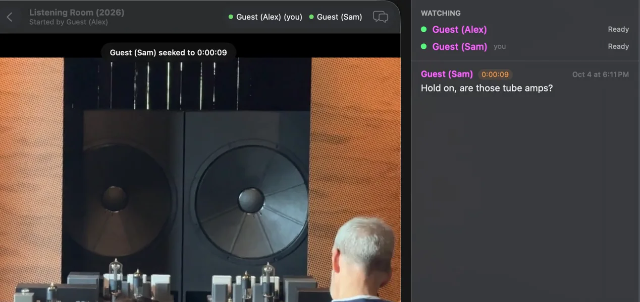 A Watch Party session: over a video of a listening room, the player shows “Guest (Sam) seeked to 0:00:09”, and beside it Sam’s message “Hold on, are those tube amps?” is tagged 0:00:09.