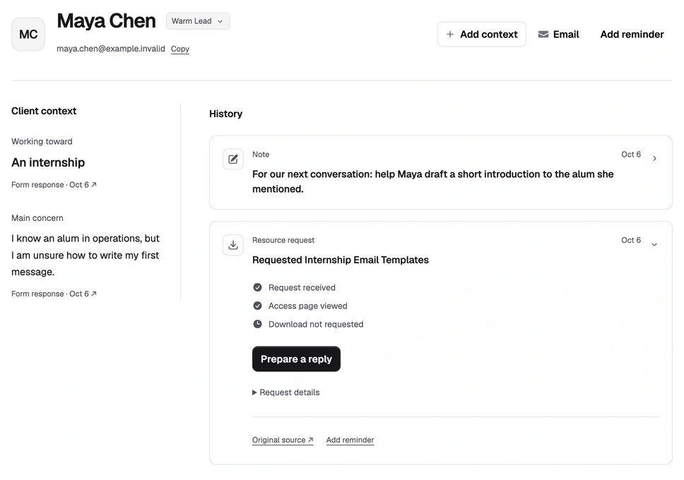 Maya’s CRM contact record with her internship goal and first-message question beside her history and reply preparation
