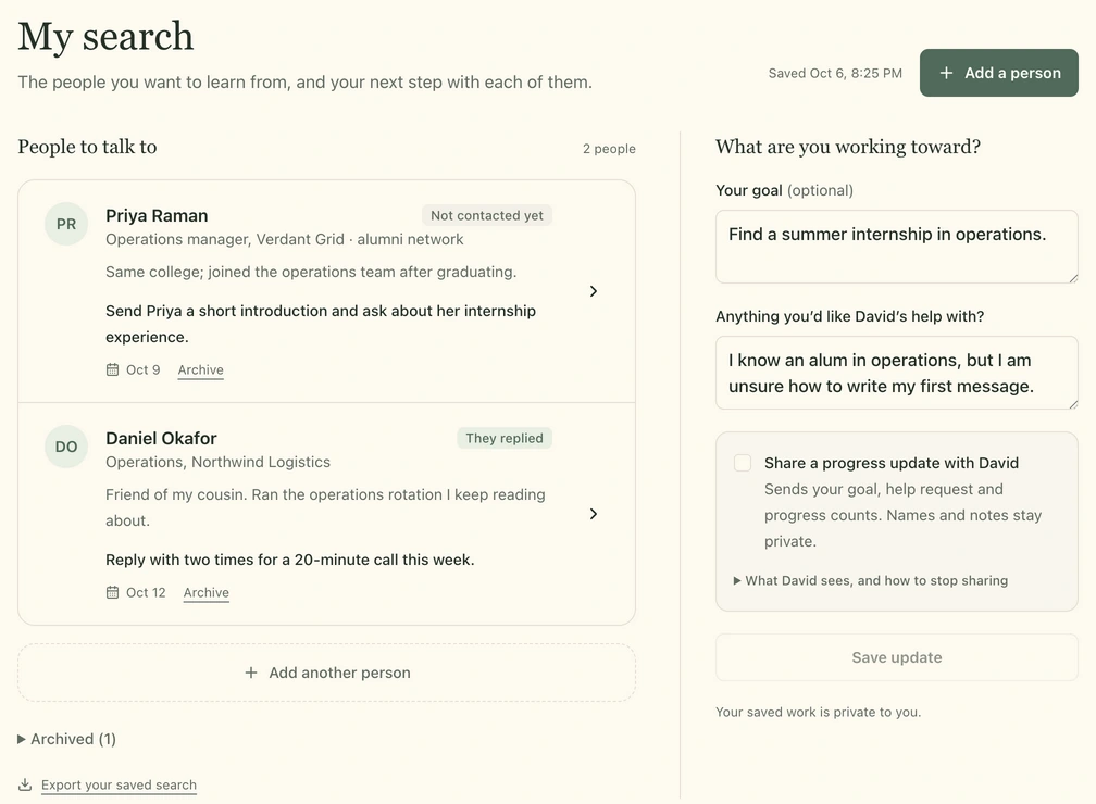 My search prototype showing saved contacts, next actions, an internship goal, and optional progress sharing