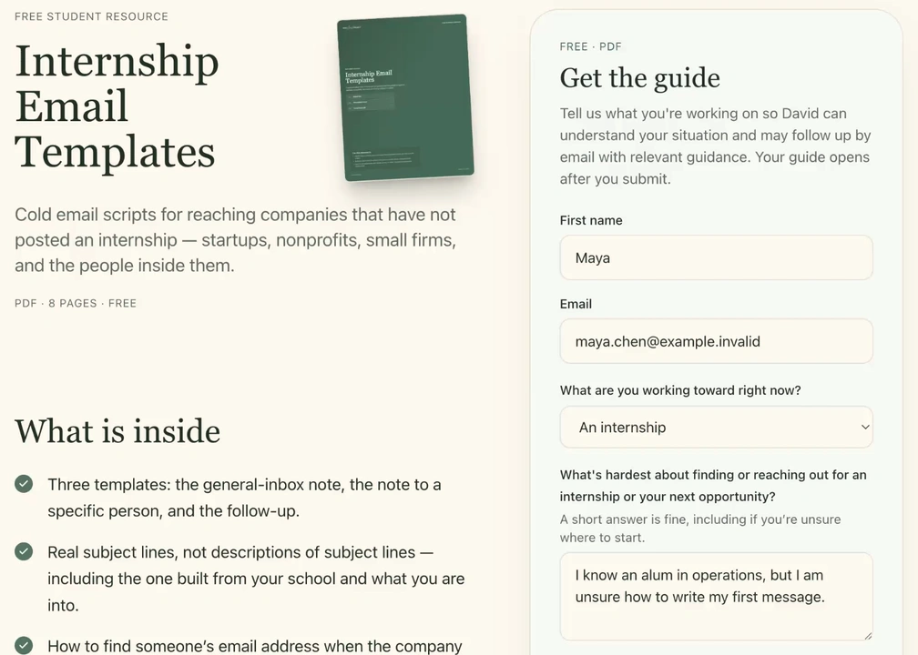 Internship Email Templates form with Maya’s internship goal and question about her first message
