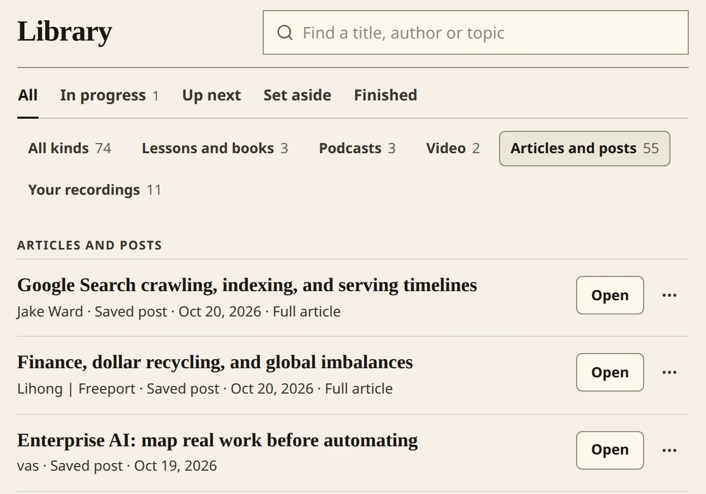 My library filtered to Articles and posts, with posts saved from X, each with an Open button.