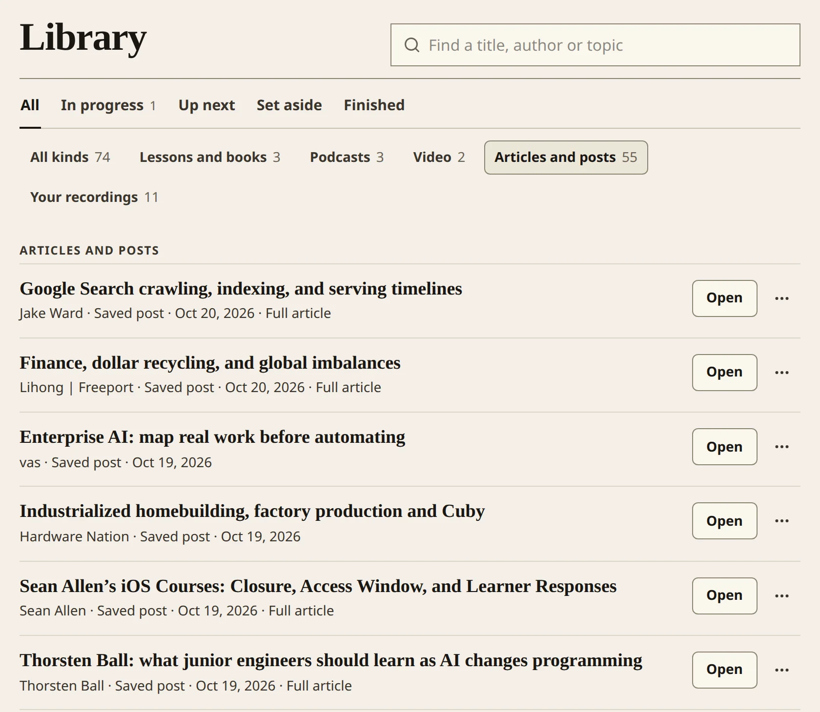 My library filtered to Articles and posts: a search field, tabs for All, In progress, Up next, Set aside and Finished, and posts saved from X, most marked Full article, each with an Open button.