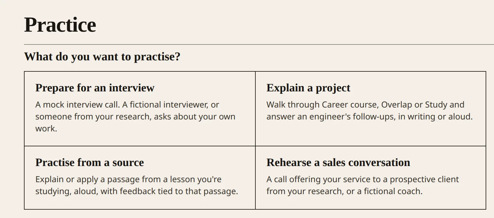 The Practice page asking What do you want to practise, with four choices: Prepare for an interview, Explain a project, Practise from a source and Rehearse a sales conversation, each with a one-line description.