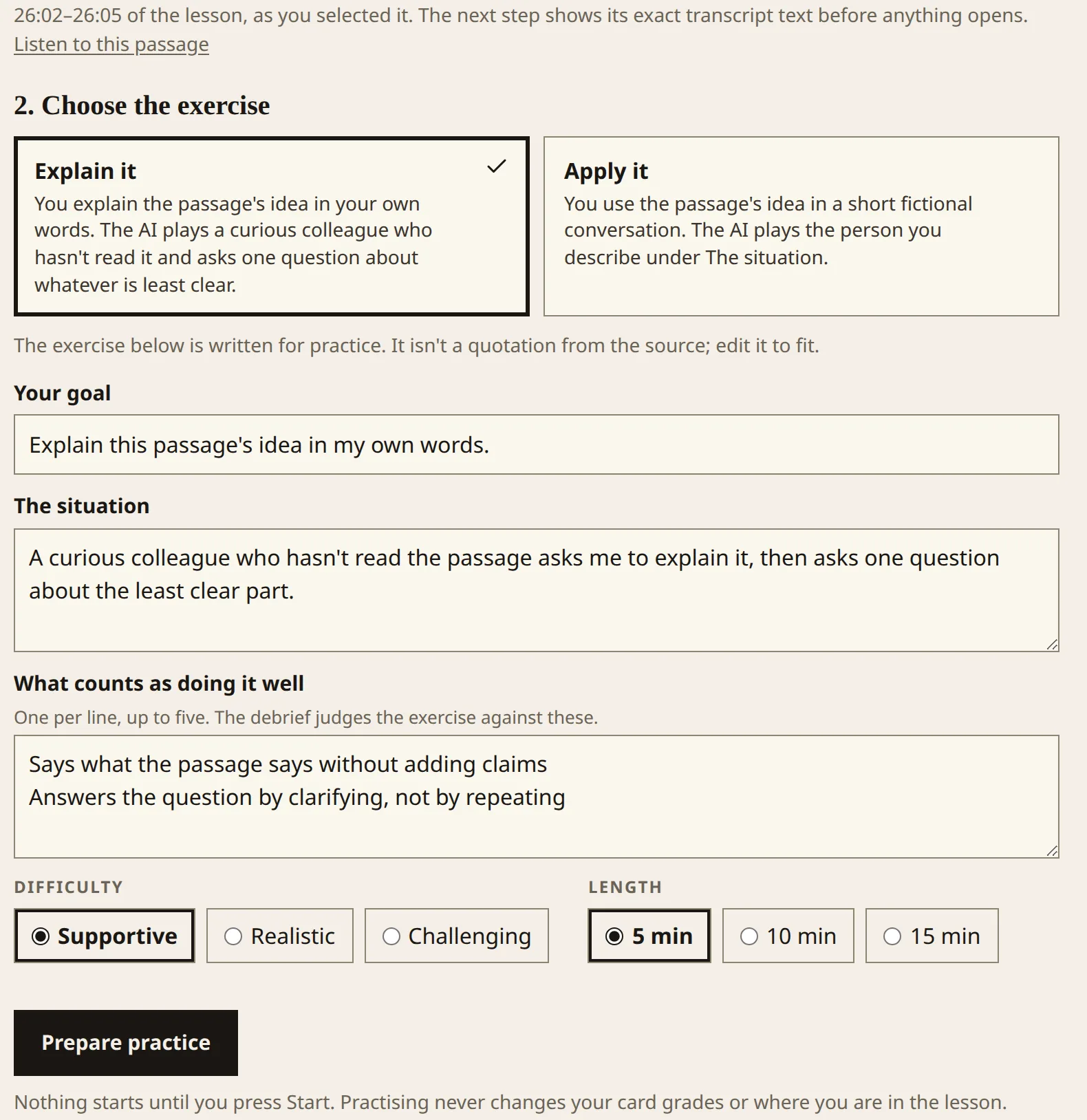 Practice setup for the passage selected at 26:02 to 26:05: Explain it is chosen over Apply it, with editable fields for the goal, the situation and what counts as doing it well, difficulty and length options, and a Prepare practice button.