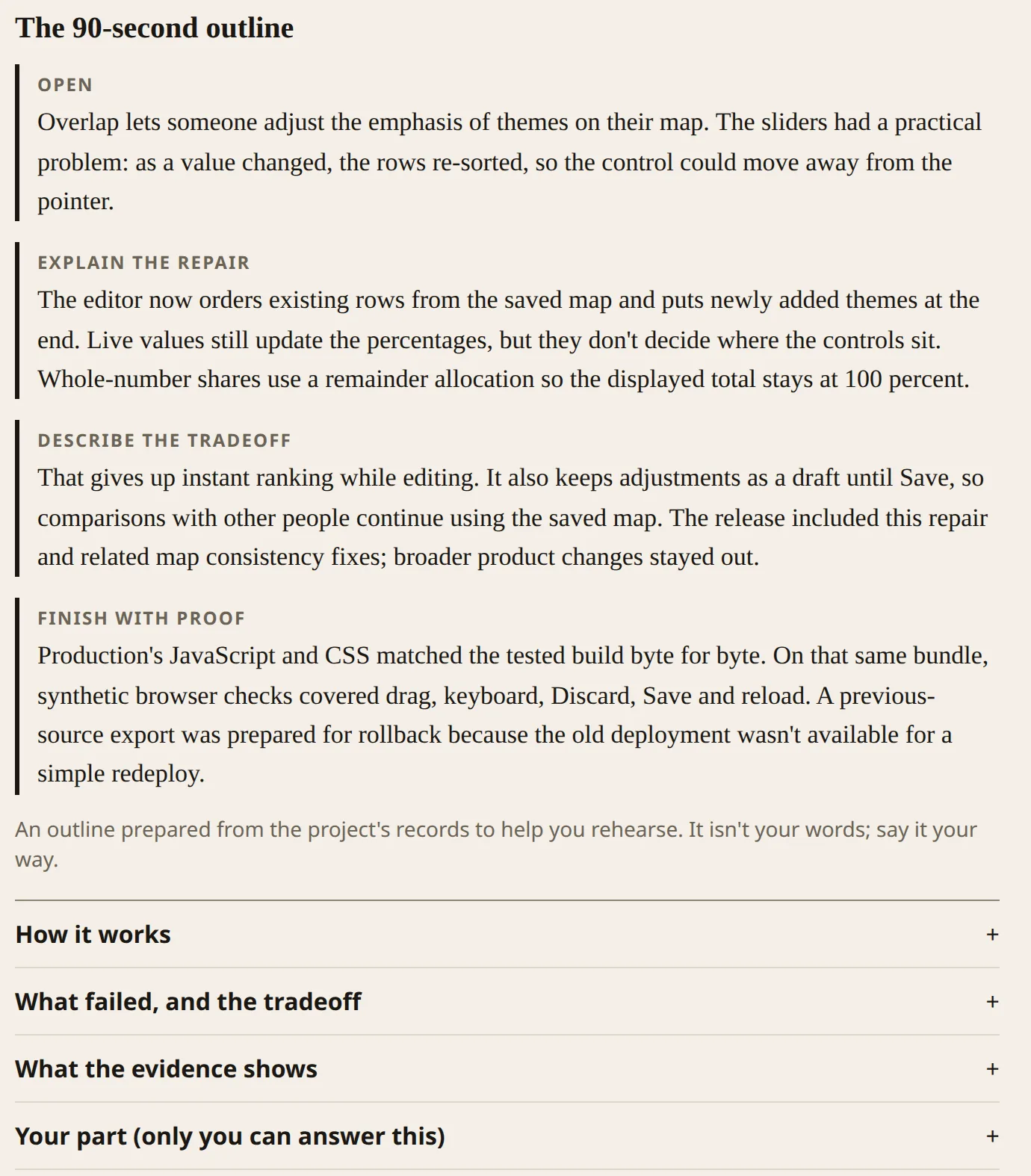 A 90-second outline for explaining an Overlap repair, in four parts: Open, Explain the repair, Describe the tradeoff and Finish with proof. Below it are sections for How it works, What failed and the tradeoff, What the evidence shows, and Your part (only you can answer this).