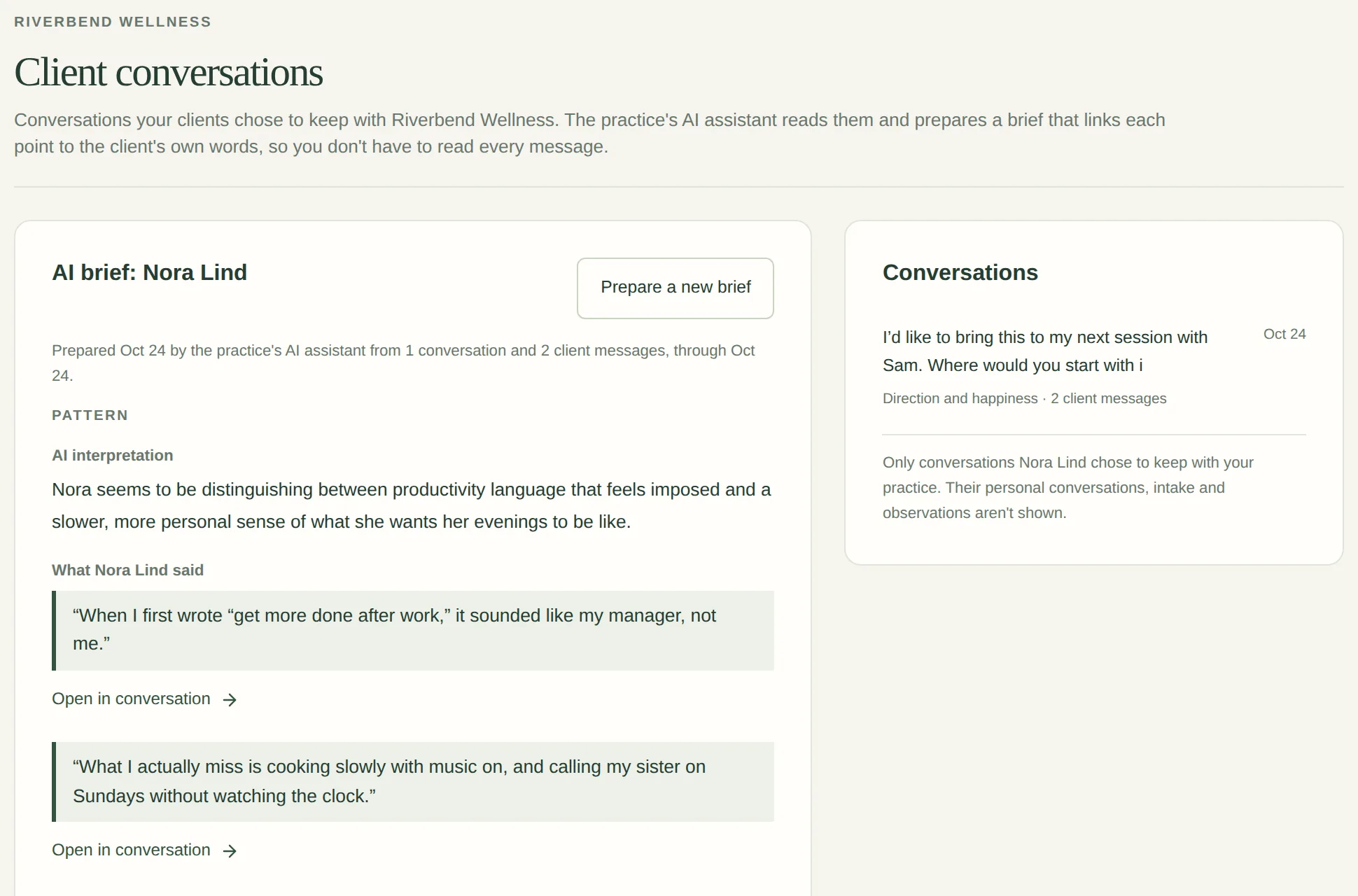 Client conversations in Sam Okafor’s practitioner workspace. An AI brief for Nora Lind describes a pattern, followed by two of Nora’s sentences quoted exactly, each with an Open in conversation link. A side panel lists the one conversation Nora kept with the practice.