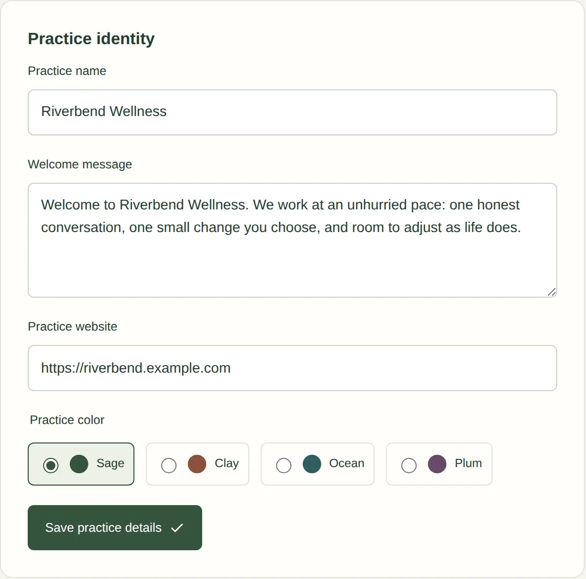 Practice identity settings for Riverbend Wellness: the practice name, a welcome message about working at an unhurried pace, the practice website, and a choice of four colors with Sage selected.